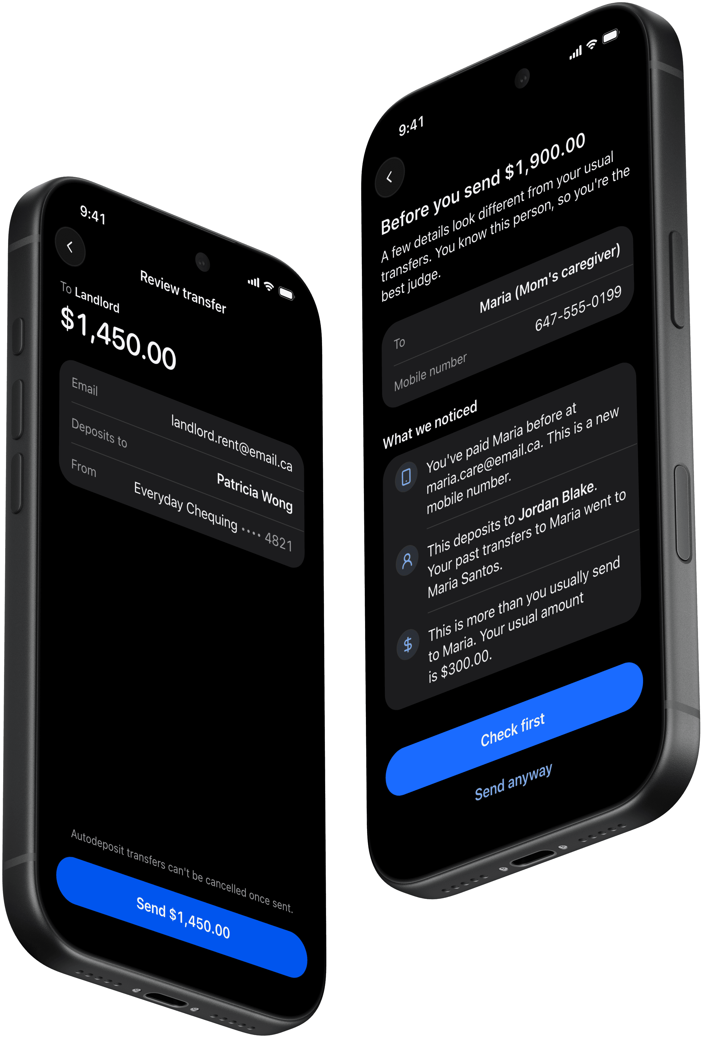Two phone screens. On the left, a routine review screen for a $1,450.00 rent transfer to a landlord. On the right, Signal's pause screen for a $1,900.00 transfer to Maria, listing what looks different: a new mobile number, a different name on the deposit, and more than the usual $300.00, with Check first and Send anyway buttons.