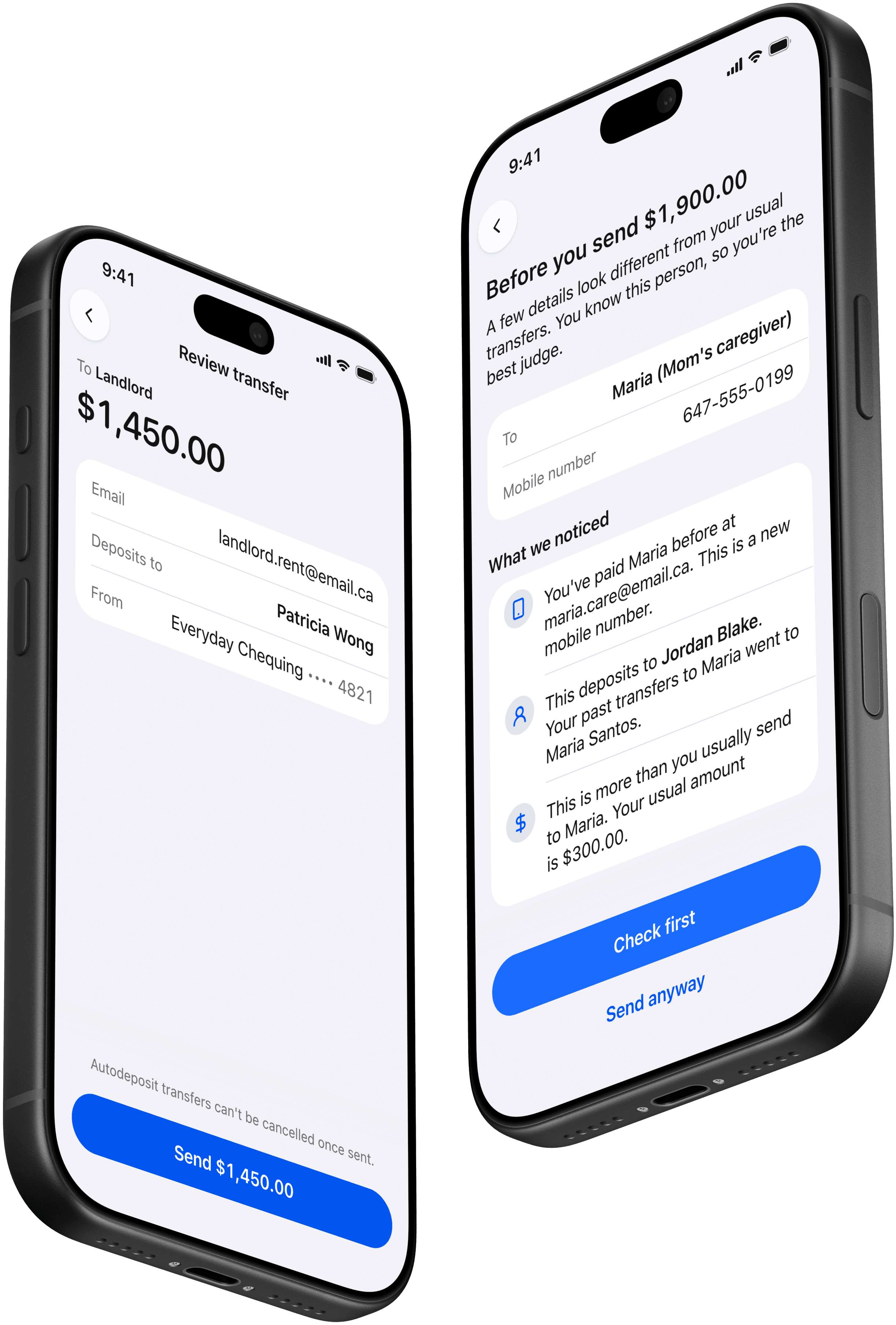 Two phone screens. On the left, a routine review screen for a $1,450.00 rent transfer to a landlord. On the right, Signal's pause screen for a $1,900.00 transfer to Maria, listing what looks different: a new mobile number, a different name on the deposit, and more than the usual $300.00, with Check first and Send anyway buttons.