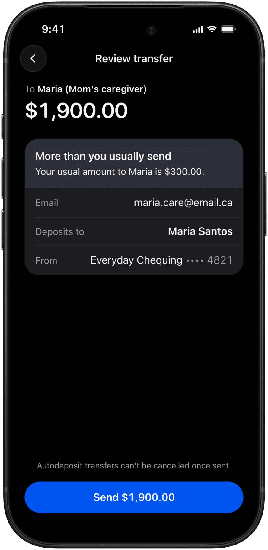 Level two, one line: the review screen for a $1,900.00 transfer to Maria, with a single note at the top, More than you usually send. Your usual amount to Maria is $300.00.