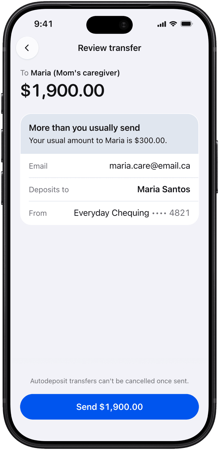 Level two, one line: the review screen for a $1,900.00 transfer to Maria, with a single note at the top, More than you usually send. Your usual amount to Maria is $300.00.