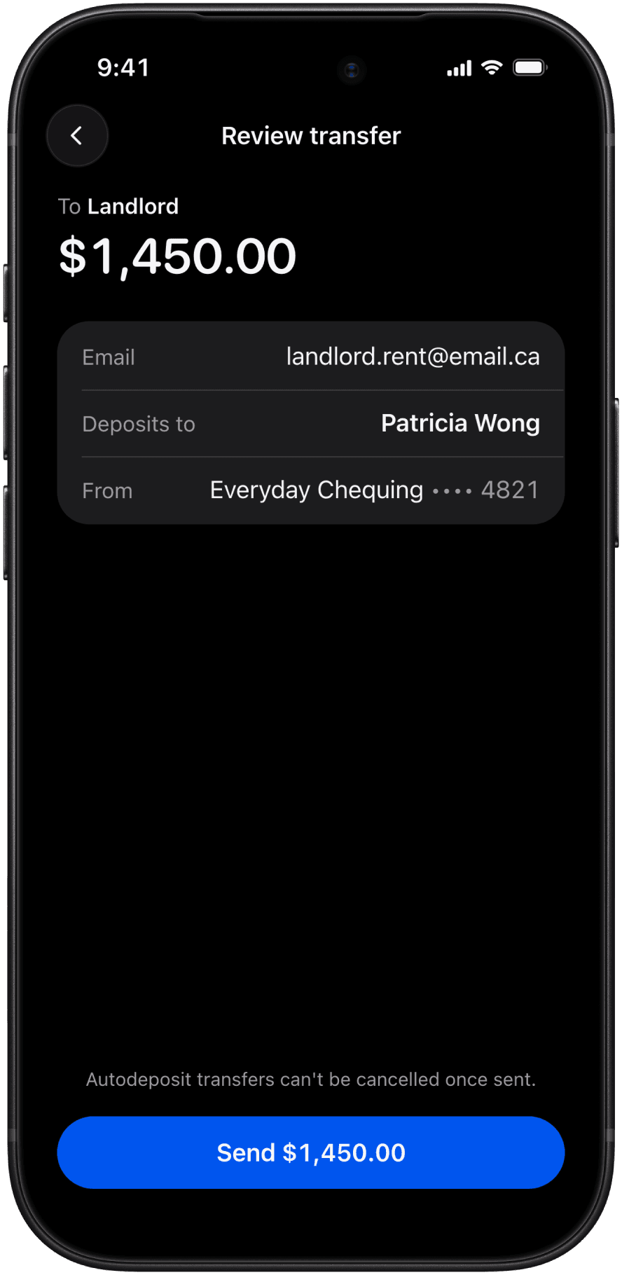 Level one, silent: the review screen for a $1,450.00 transfer to Landlord, showing only the email, the Autodeposit name Patricia Wong and the account, with nothing added.