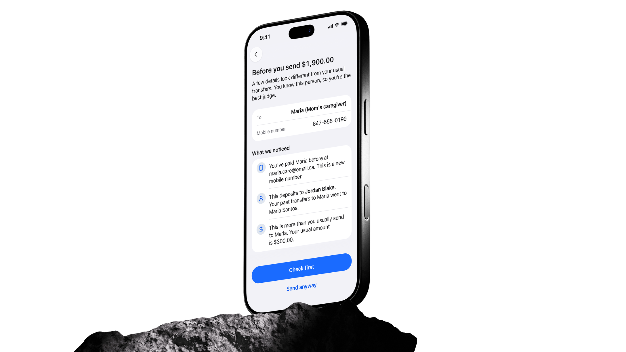 Signal's pause on a phone standing on a rock, listing what it noticed before a $1,900.00 transfer